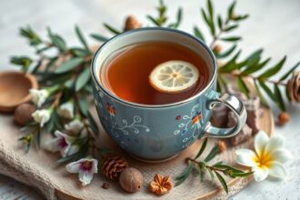 Hársfa tea csésze, zöld növényekkel és virágokkal díszítve.