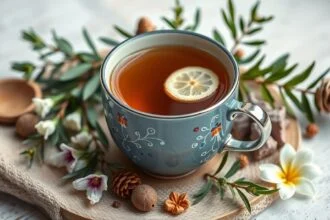 Hársfa tea csésze, zöld növényekkel és virágokkal díszítve.