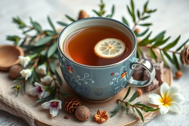 Hársfa tea csésze, zöld növényekkel és virágokkal díszítve.