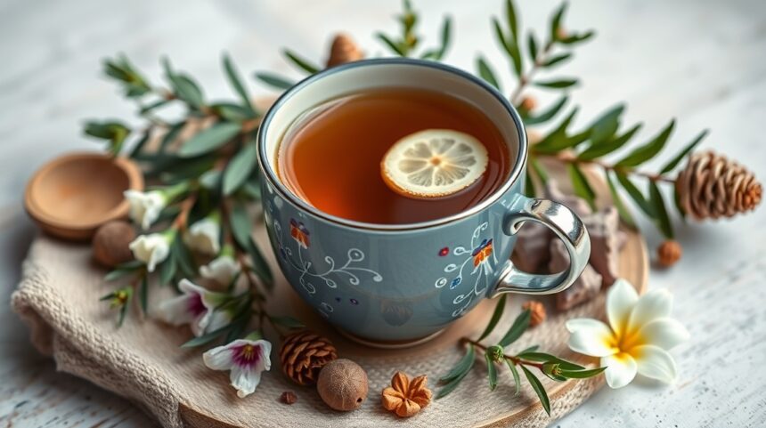 Hársfa tea csésze, zöld növényekkel és virágokkal díszítve.