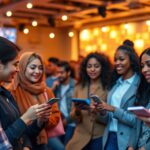 Fiatalok mobiltelefonokat használva, baráti környezetben.