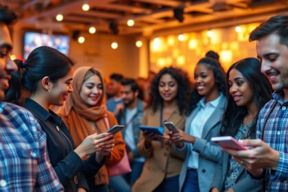 Fiatalok mobiltelefonokat használva, baráti környezetben.