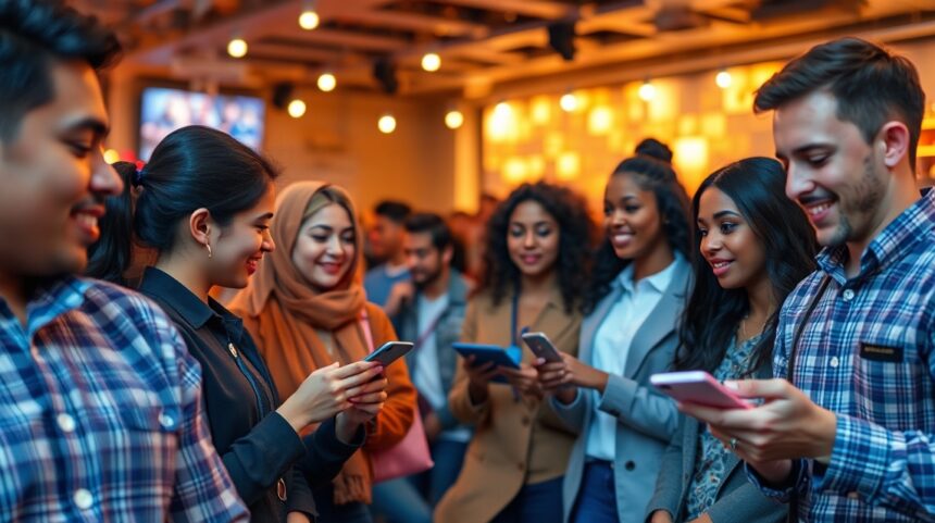 Fiatalok mobiltelefonokat használva, baráti környezetben.