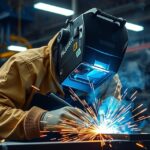 Hegesztő modern technikával munkálkodik ipari környezetben.