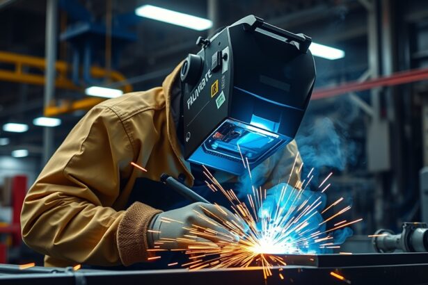 Hegesztő modern technikával munkálkodik ipari környezetben.