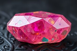 Rózsaszín ásvány, fényes, színes csiszolásban