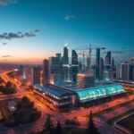 Modern város látképe megújuló energiaforrásokkal