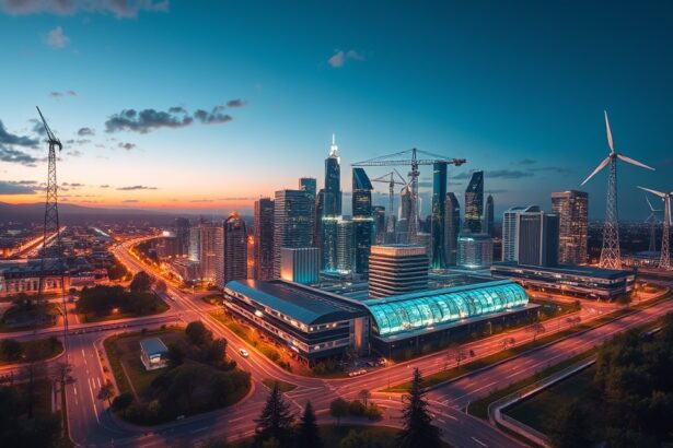 Modern város látképe megújuló energiaforrásokkal