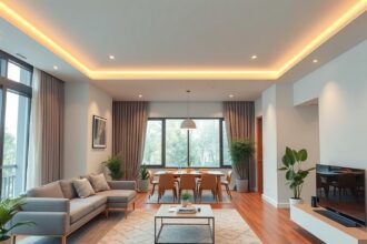 Modern nappali nyitott étkezővel és természetes világítással