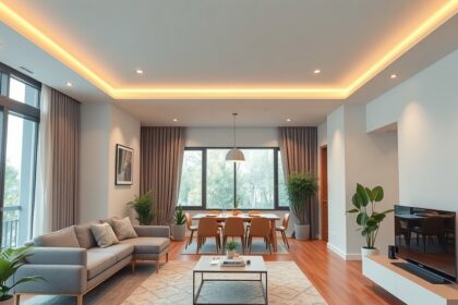 Modern nappali nyitott étkezővel és természetes világítással