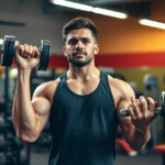 Férfi súlyzós edzést végez a teremben, izmos karokkal.