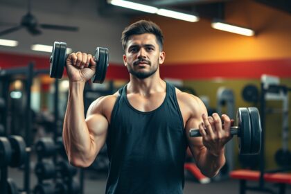 Férfi súlyzós edzést végez a teremben, izmos karokkal.