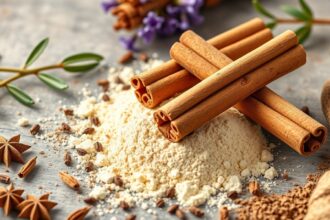 Fahéj és fűszerek frissítő elrendezése az asztalon.