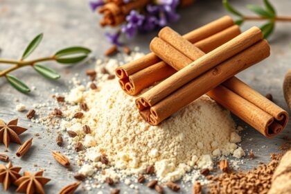 Fahéj és fűszerek frissítő elrendezése az asztalon.