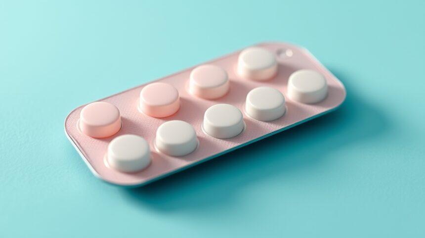 Hormonális fogamzásgátló tabletták buborékcsomagolásban.