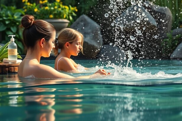 Két nő a Kneipp-terápiás vízben, virágok és gyógymódok között.