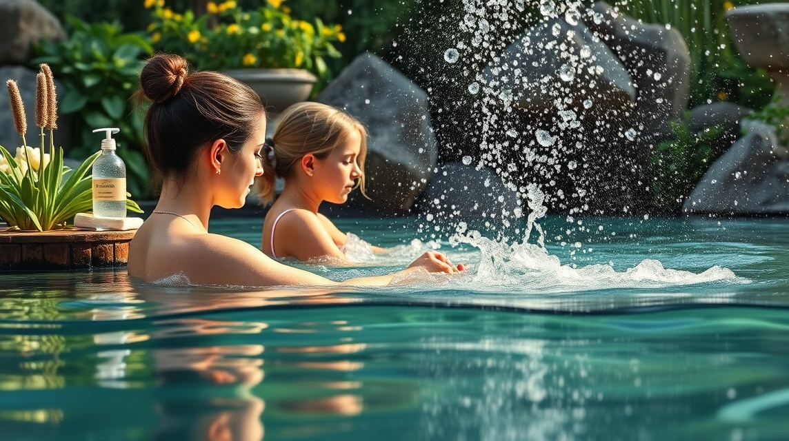 Két nő a Kneipp-terápiás vízben, virágok és gyógymódok között.