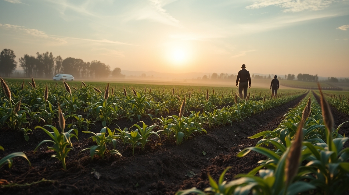 Két gazda sétál a reggeli mezőn gyomirtó szerekkel kezelt növények között.