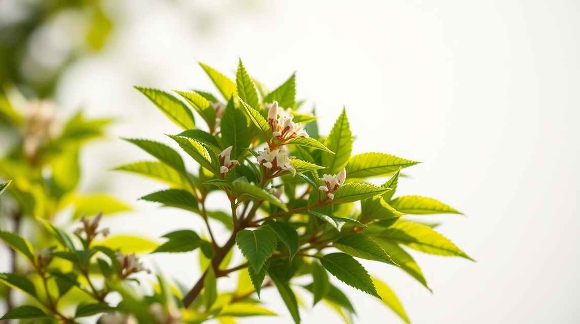 Hamamelisz növény virágokkal és zöld levelekkel.