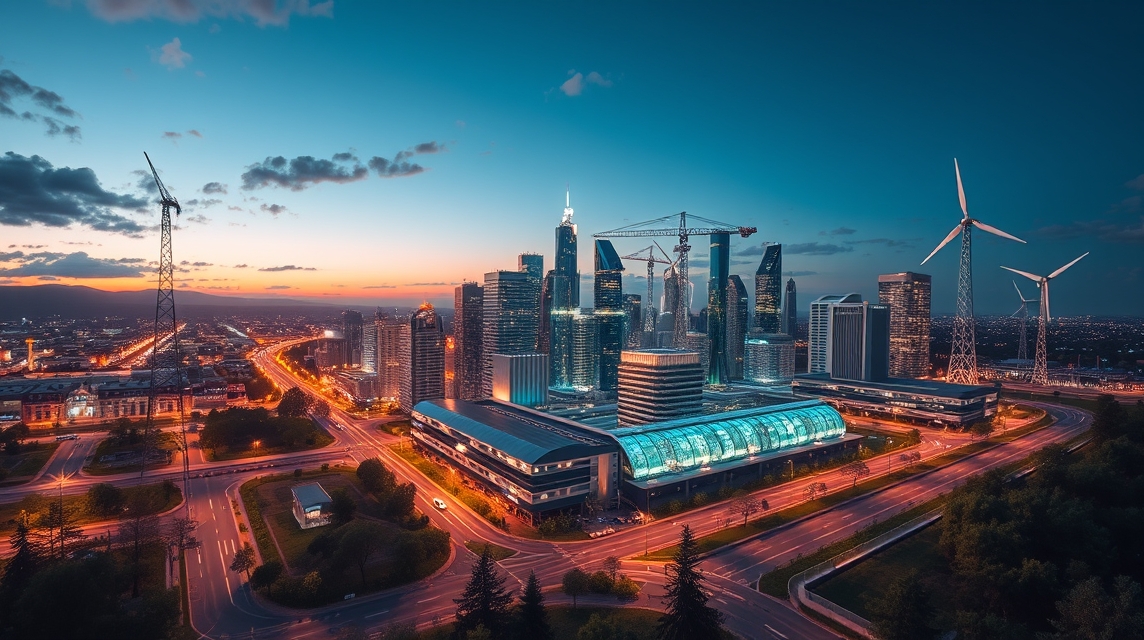 Modern város látképe megújuló energiaforrásokkal