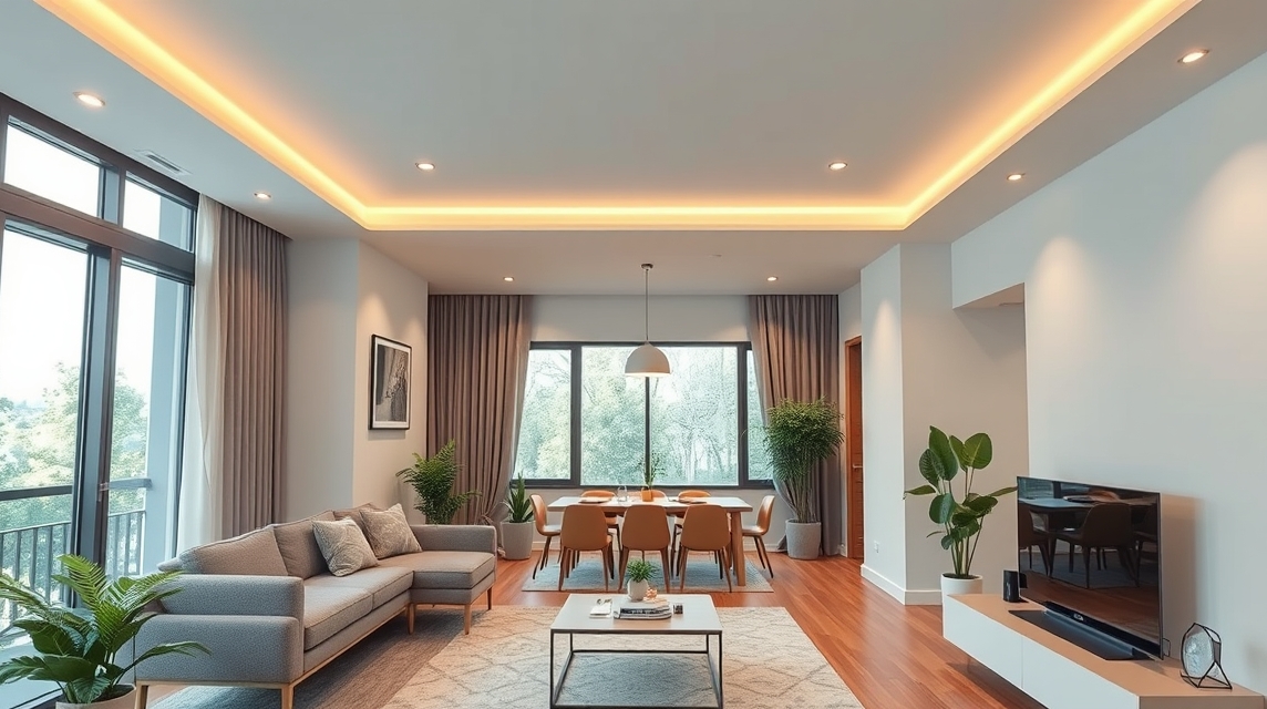 Modern nappali nyitott étkezővel és természetes világítással