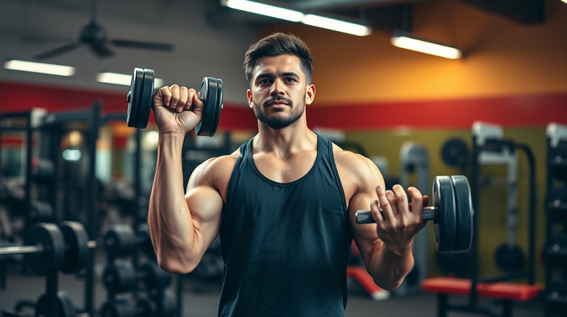 Férfi súlyzós edzést végez a teremben, izmos karokkal.