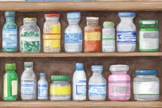 Modern gyógyszeres szekrény különböző címkékkel ellátott üvegekkel