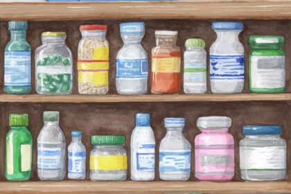 Modern gyógyszeres szekrény különböző címkékkel ellátott üvegekkel