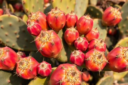 Kaktuszfüge gyümölcsök közelről, tüskékkel teli kaktuszon.