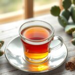 Kaktuszfüge tea egy ízléses pohárban, virágzó kaktuszokkal körülvéve.