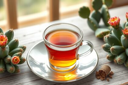 Kaktuszfüge tea egy ízléses pohárban, virágzó kaktuszokkal körülvéve.