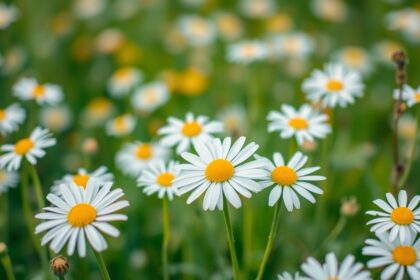 Kamilla virágok a tavaszi mezőn