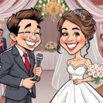 Esküvői karikatúra a boldog pár és vendégeik hetében.