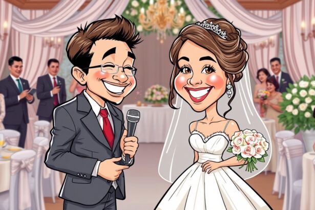 Esküvői karikatúra a boldog pár és vendégeik hetében.