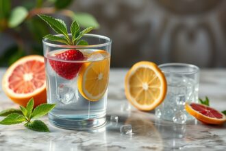 Friss keserűvíz citrommal és eperrel felfrissítve.