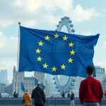 Az EU zászlaja London híres nevezetességei előtt.