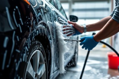 Kézi autómosás művelet, víz és hab a fekete autó mellett.