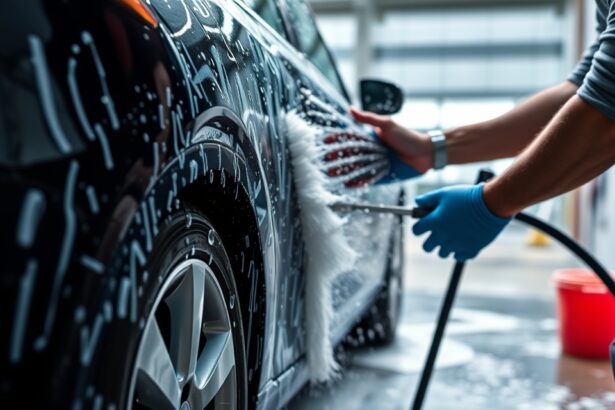 Kézi autómosás művelet, víz és hab a fekete autó mellett.