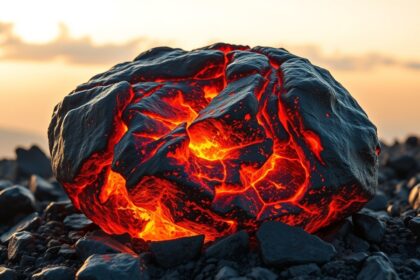 Láva kő a naplementében, erő és védelem szimbólumaként.