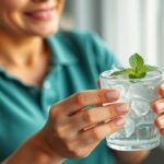Nő egy mentás italos pohárral, hűsítő levomenthol hatással.