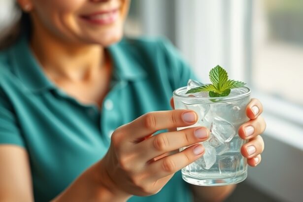 Nő egy mentás italos pohárral, hűsítő levomenthol hatással.