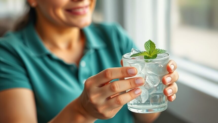 Nő egy mentás italos pohárral, hűsítő levomenthol hatással.
