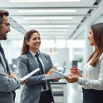 Három üzleti szakember csoportos megbeszélése irodai környezetben.