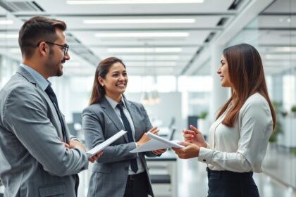 Három üzleti szakember csoportos megbeszélése irodai környezetben.