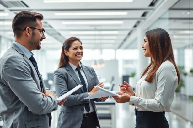 Három üzleti szakember csoportos megbeszélése irodai környezetben.