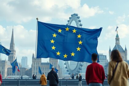 Az EU zászlaja London híres nevezetességei előtt.