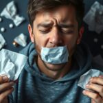 Férfi influenzás állapotban, zsebkendőkkel a kezében