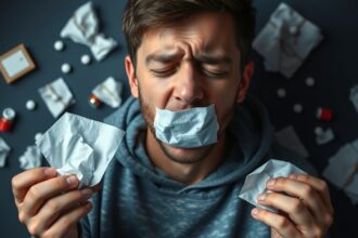 Férfi influenzás állapotban, zsebkendőkkel a kezében