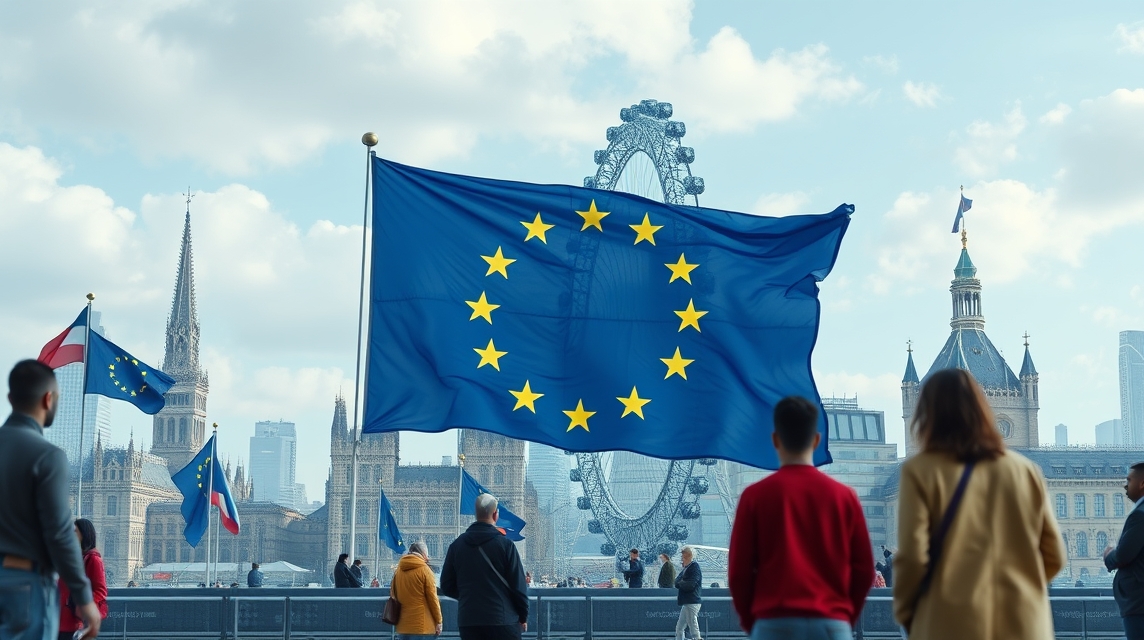 Az EU zászlaja London híres nevezetességei előtt.