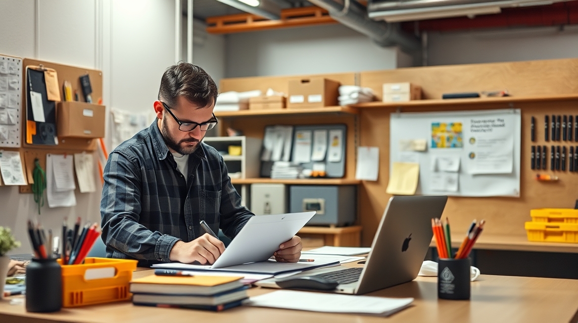 Férfi íróasztalnál dolgozik hosszú protokoll segítségével
